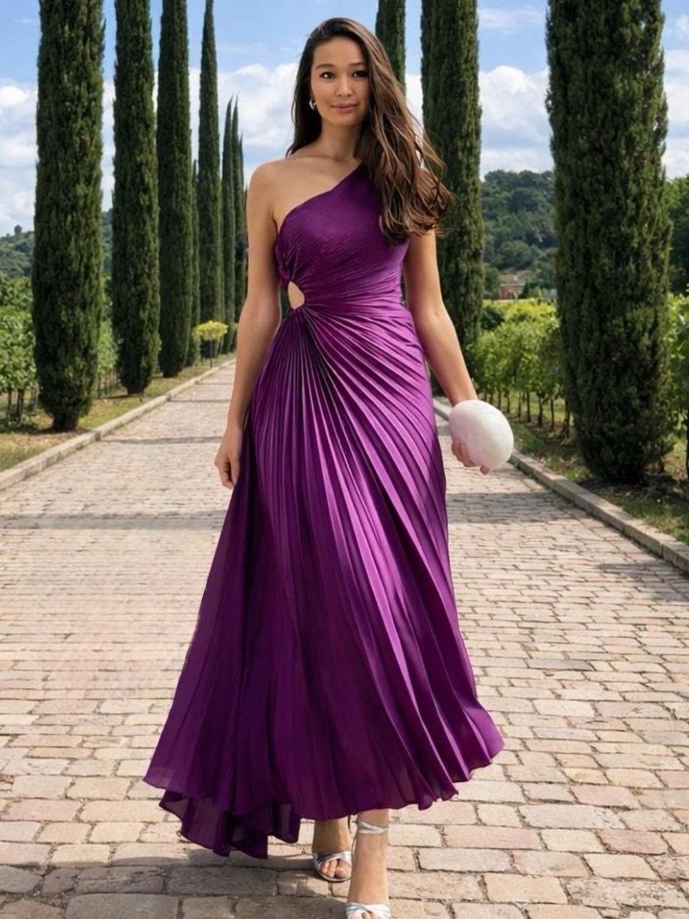 Mango One-Shoulder Pleated Evening Gown in Vibrant Purple